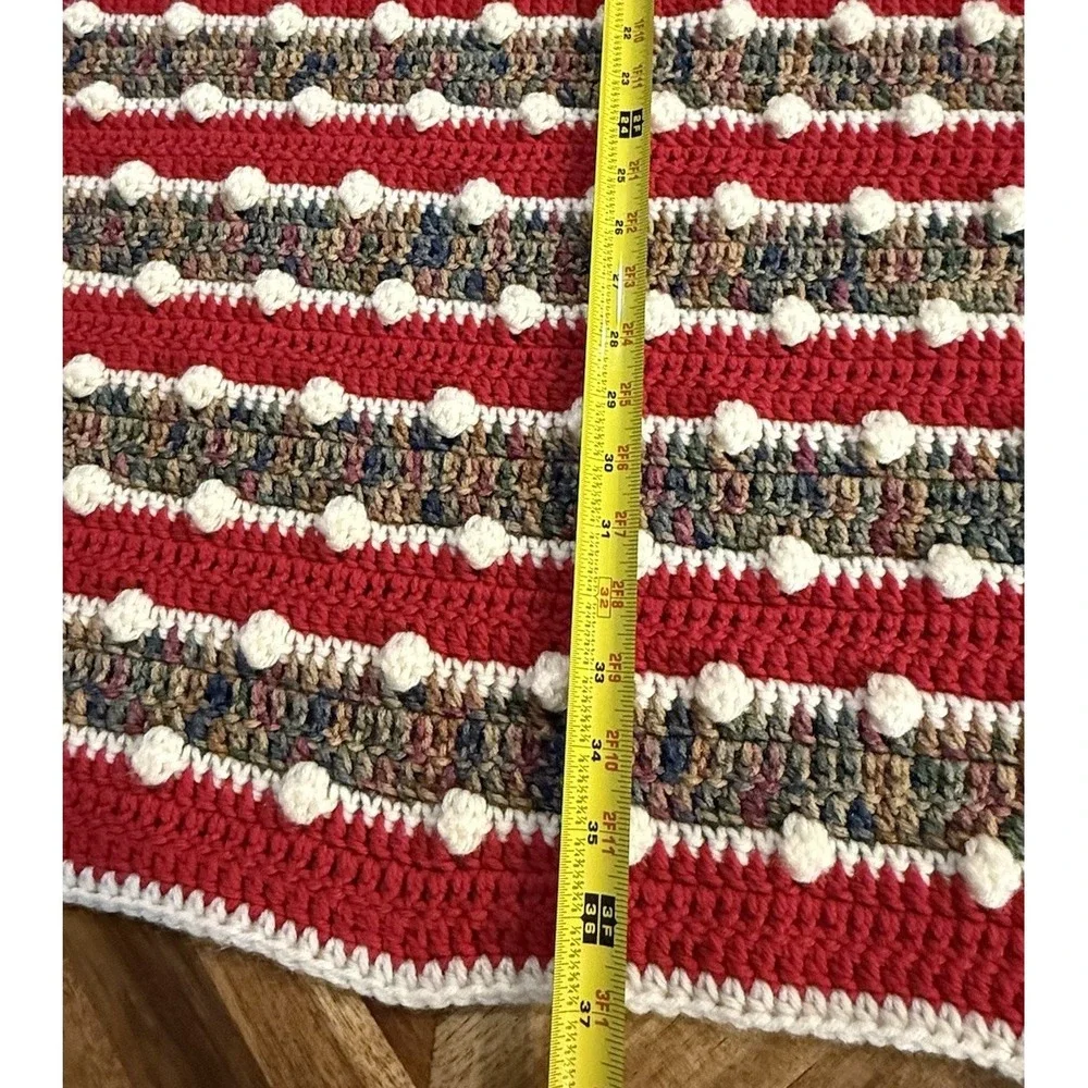 Hand Knit Blanket Throw Bobble Stitch  Stripe‎ Multicolor 2 Corner Ties 37x38
